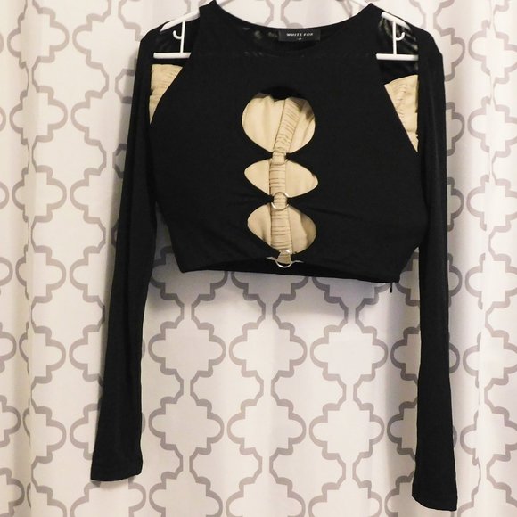 White Fox Boutique Tops - White Fox Black High Neckline Cut Out Design Crop Top - NWT - M